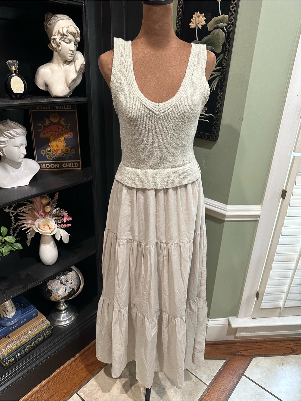 By The River Twofer Tan Dress – Stretchy Bodice & Tiered Skirt – Size Small